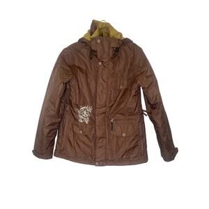 Sims Women’s Brown Hooded Snowboarding Parka Jacket EUC Sz M Pockets Polyester